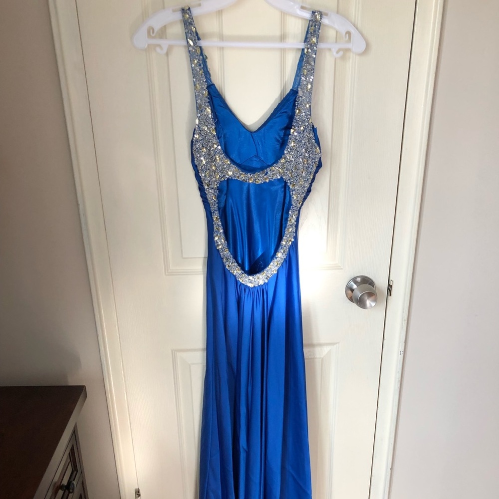 Blue beaded backless dress